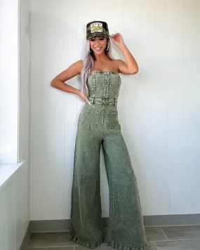 Midland Tube Top Denim Jumpsuit - Olive