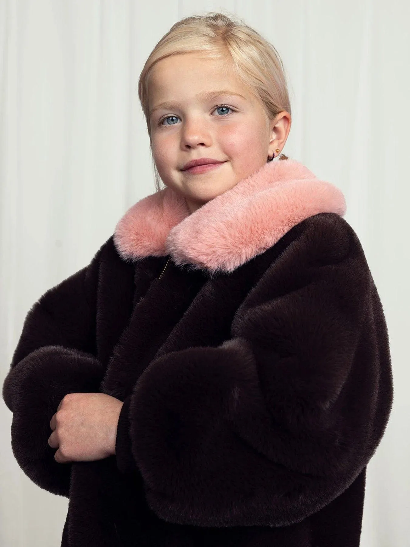 Mini Rodini Girls Fluffy Faux Fur Coat in Brown