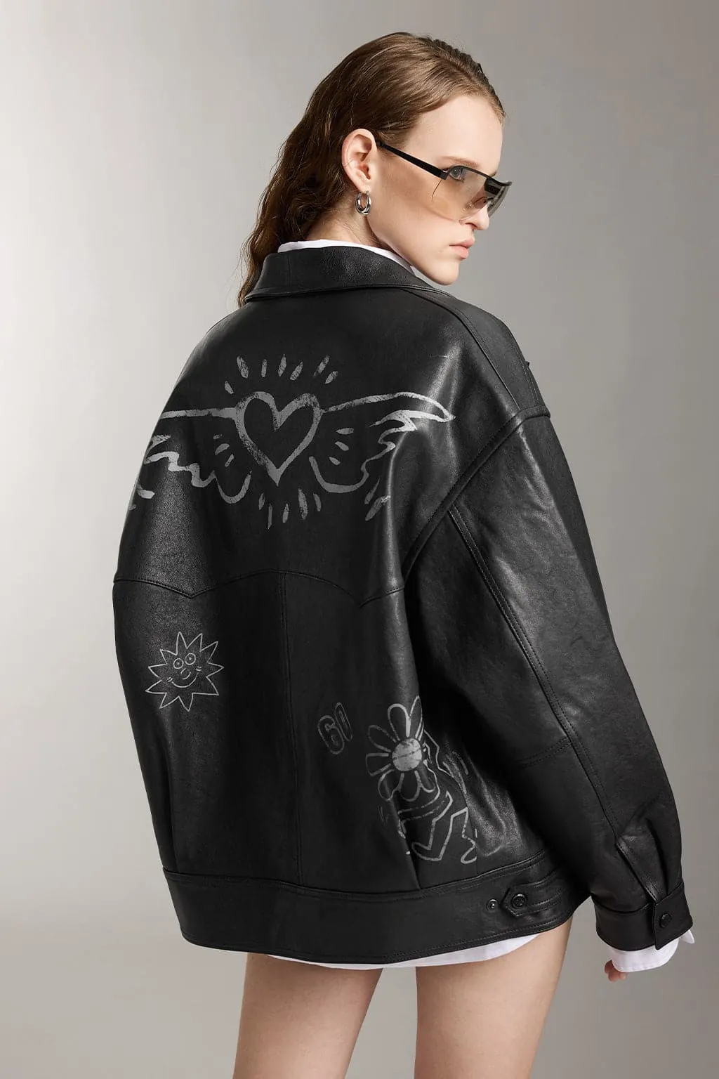 Miss Sixty X Keith Haring Capsule Collection Black Biker Leather Jacket With Printed