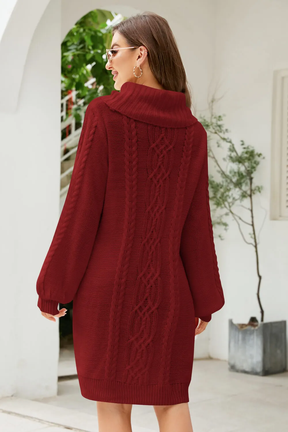 Mixed Knit Turtleneck Lantern Sleeve Sweater Dress