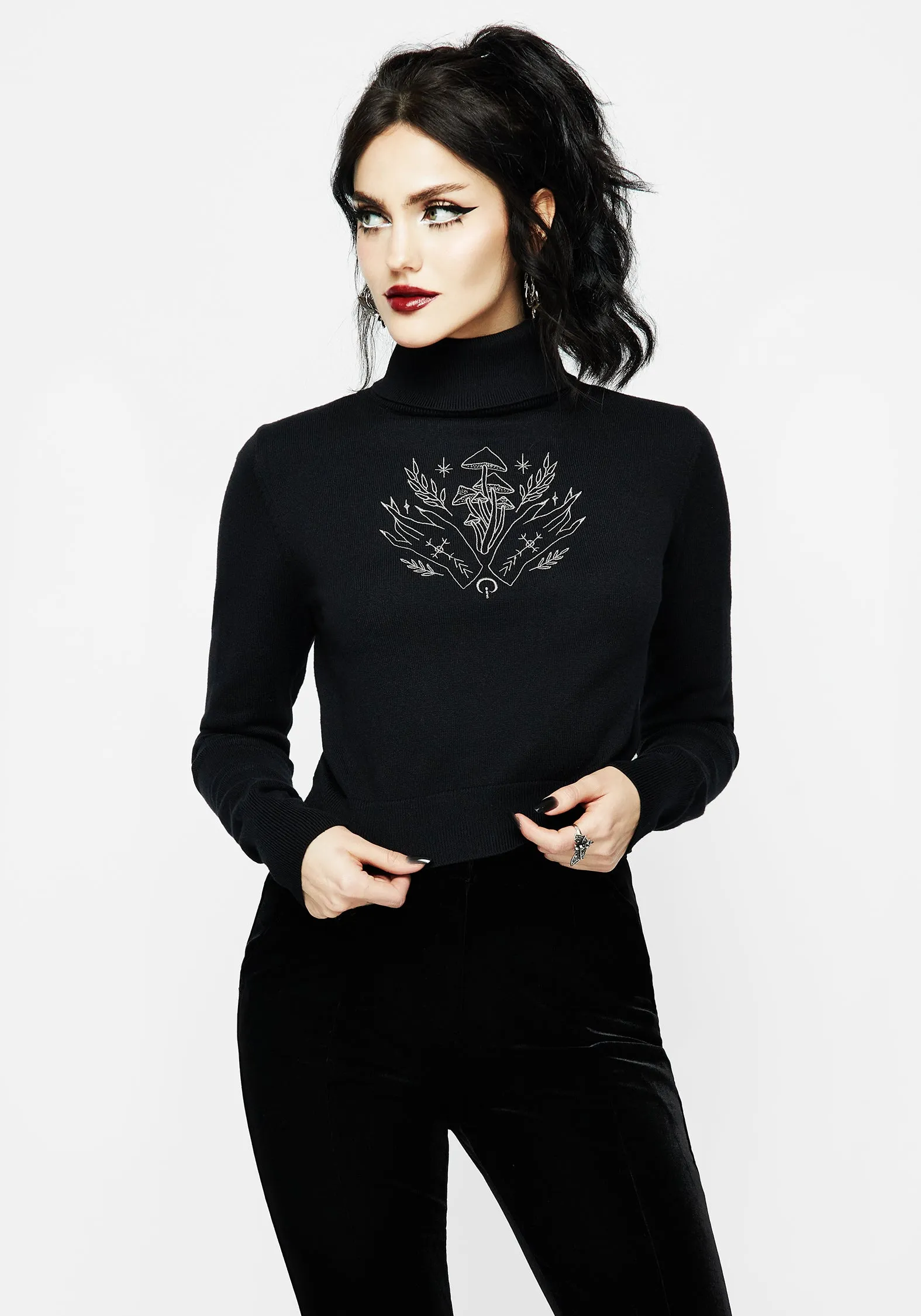 Mystify Embroidered Roll Neck Crop Jumper