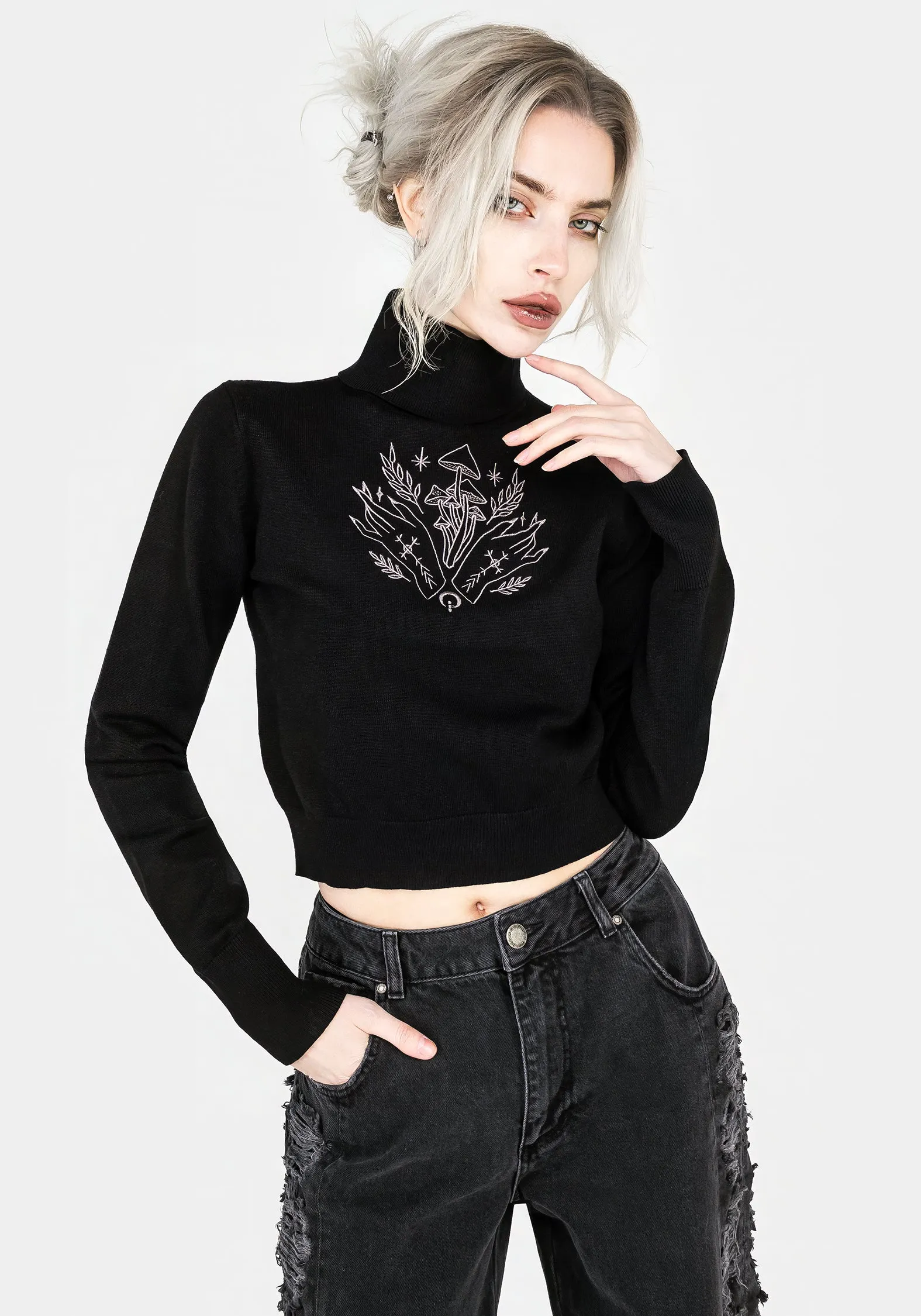 Mystify Embroidered Roll Neck Crop Jumper