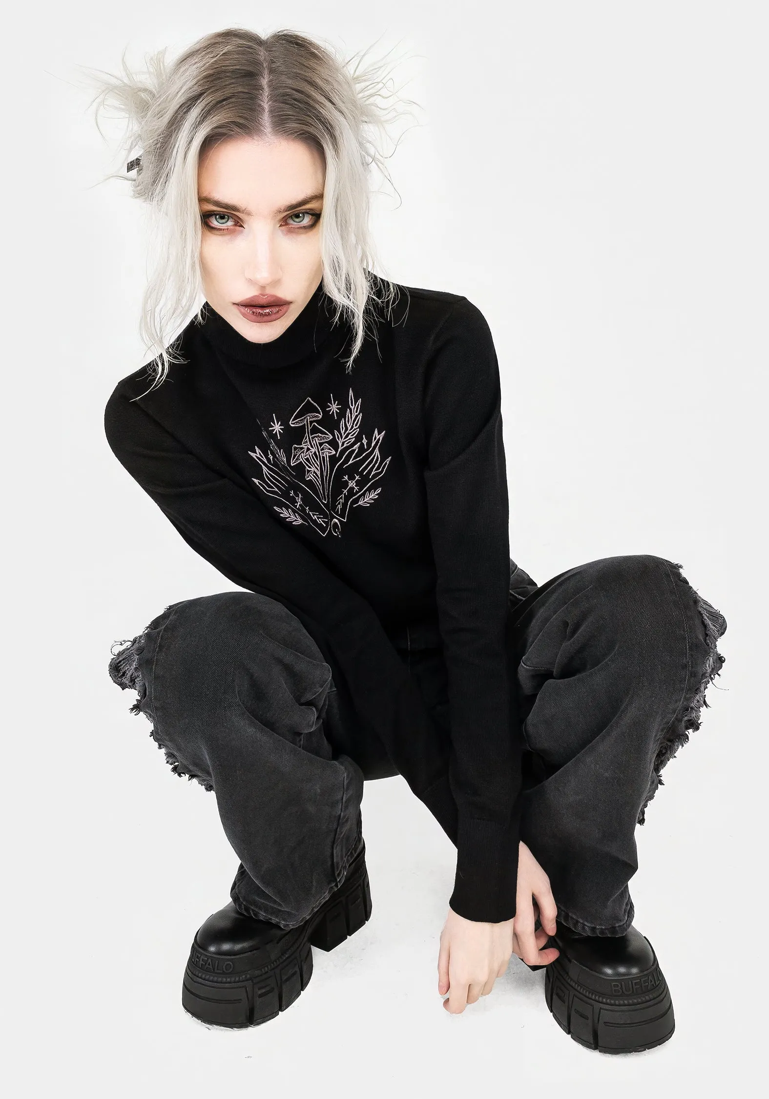 Mystify Embroidered Roll Neck Crop Jumper