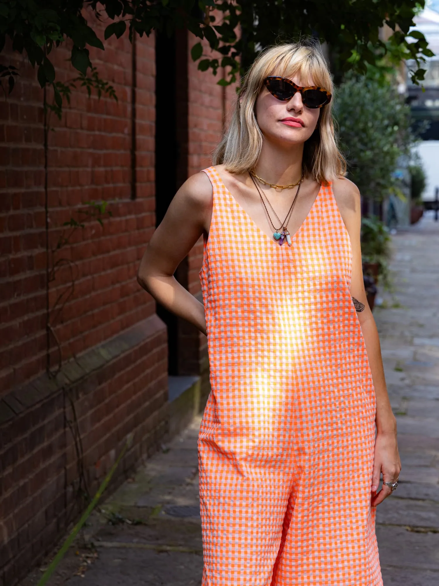 Neon Orange Gingham Jumpsuit by Wild Clouds X Percy Langley