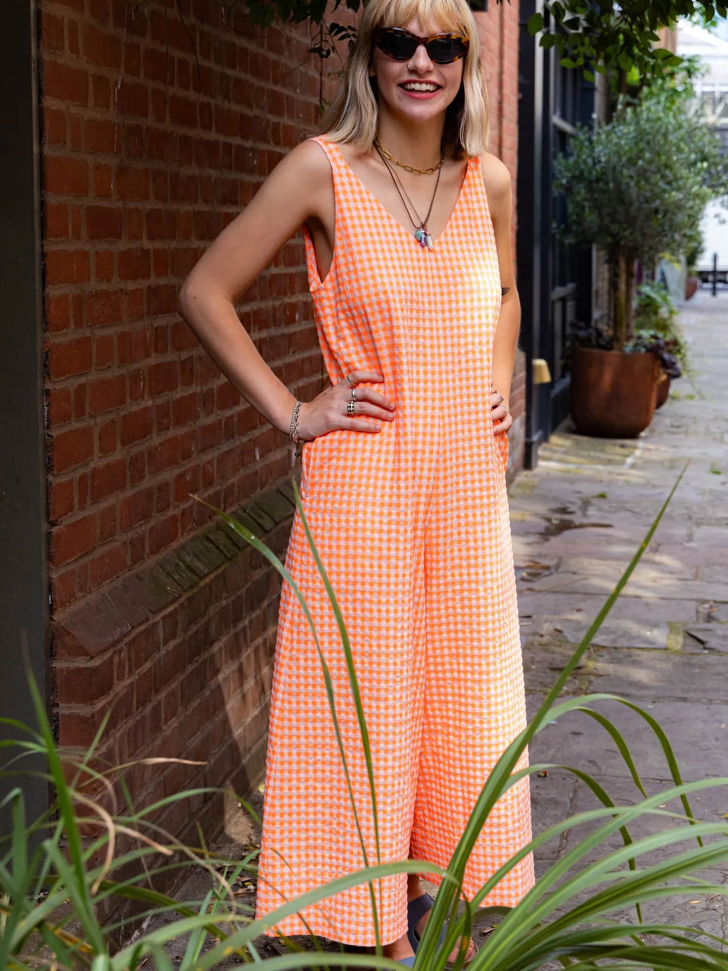 Neon Orange Gingham Jumpsuit by Wild Clouds X Percy Langley