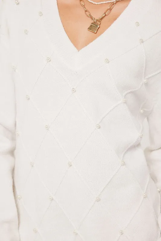 Off White V-Neck Cross Pattern Pearl Detail Sweater Dress