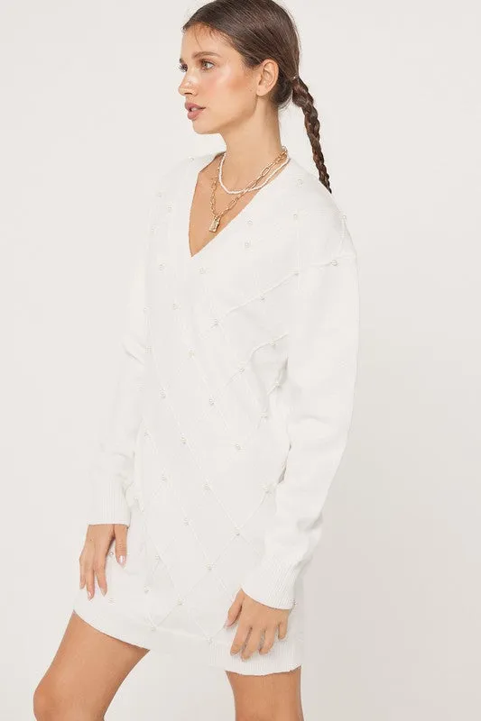 Off White V-Neck Cross Pattern Pearl Detail Sweater Dress