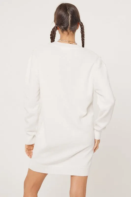 Off White V-Neck Cross Pattern Pearl Detail Sweater Dress