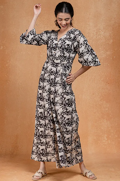 Okhai "Trumpet March" Handblock Printed Pure Cotton Jumpsuit