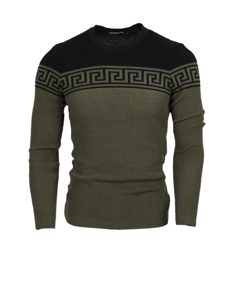 Olive Men's Fashion Design Crewneck Sweaters Greek Key style Light Blend Slim Fit