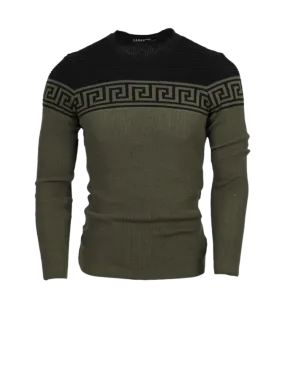 Olive Men's Fashion Design Crewneck Sweaters Greek Key style Light Blend Slim Fit