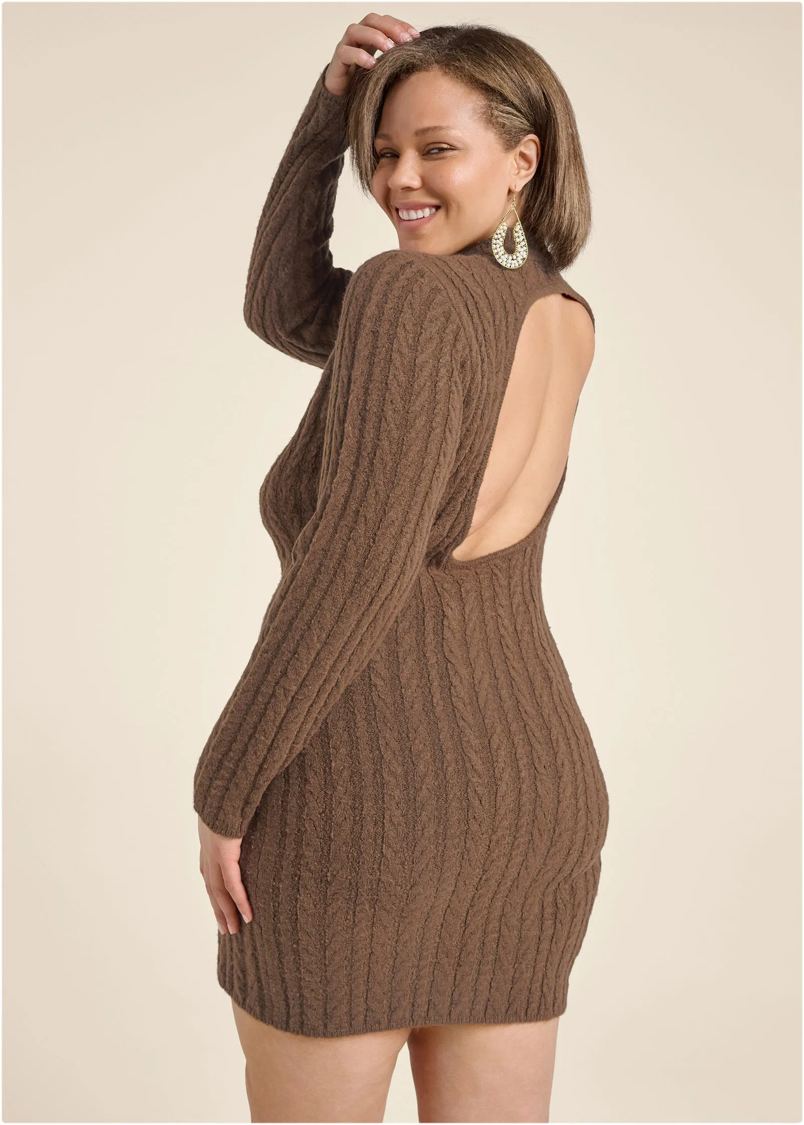 Open Back Sweater Dress - Brown