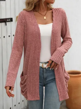 Open Front Long Sleeve Ribbed Cardigan with Pockets