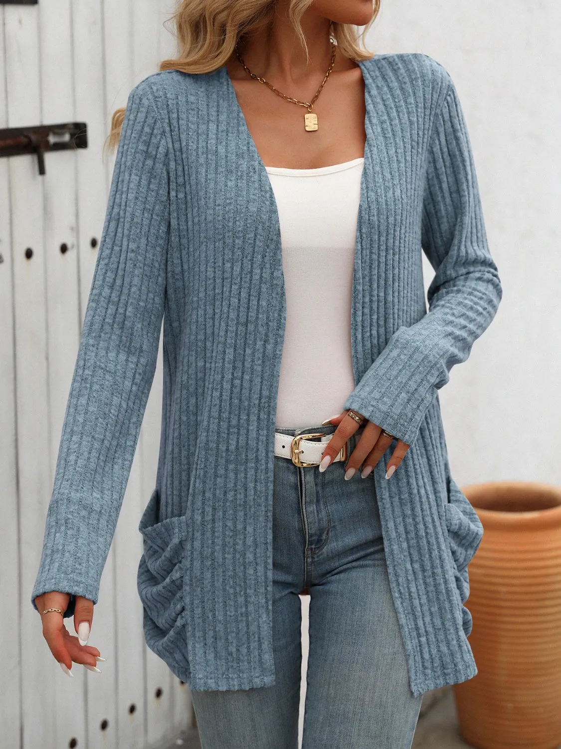 Open Front Long Sleeve Ribbed Cardigan with Pockets