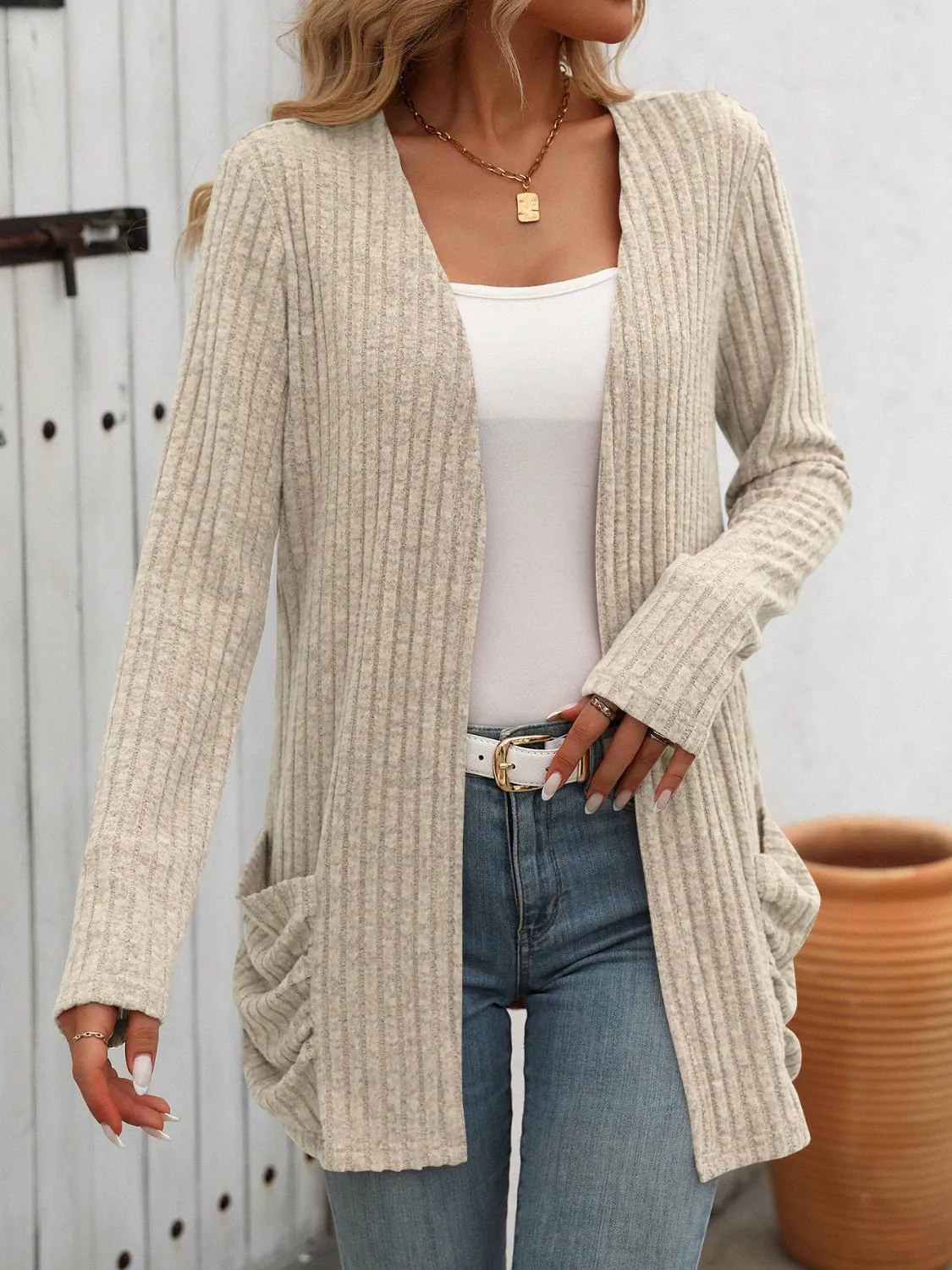 Open Front Long Sleeve Ribbed Cardigan with Pockets