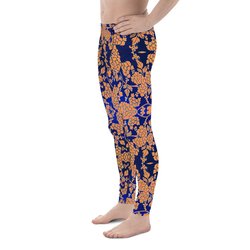 Orange Blue Floral Print Meggings, Best Blue and Orange Oriental Style Floral Print Meggings Compression Tights - Made in USA/EU/MX