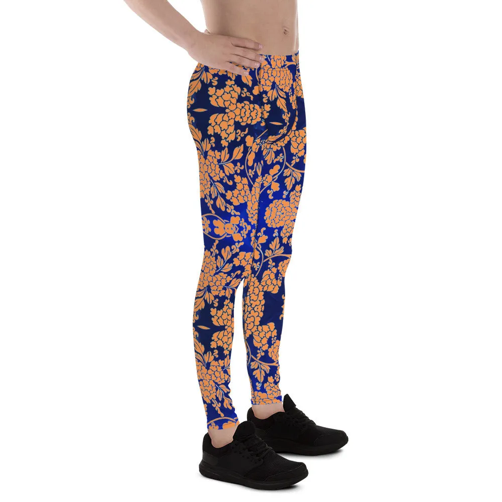 Orange Blue Floral Print Meggings, Best Blue and Orange Oriental Style Floral Print Meggings Compression Tights - Made in USA/EU/MX