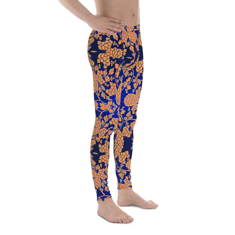 Orange Blue Floral Print Meggings, Best Blue and Orange Oriental Style Floral Print Meggings Compression Tights - Made in USA/EU/MX