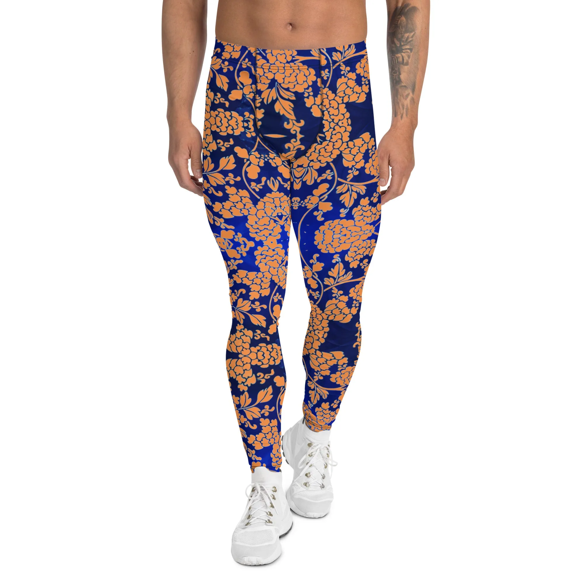 Orange Blue Floral Print Meggings, Best Blue and Orange Oriental Style Floral Print Meggings Compression Tights - Made in USA/EU/MX