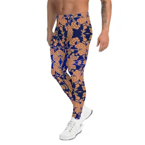 Orange Blue Floral Print Meggings, Best Blue and Orange Oriental Style Floral Print Meggings Compression Tights - Made in USA/EU/MX