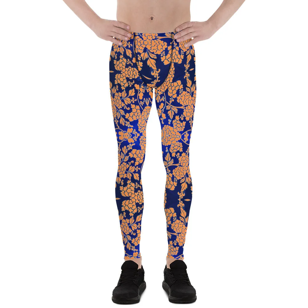 Orange Blue Floral Print Meggings, Best Blue and Orange Oriental Style Floral Print Meggings Compression Tights - Made in USA/EU/MX