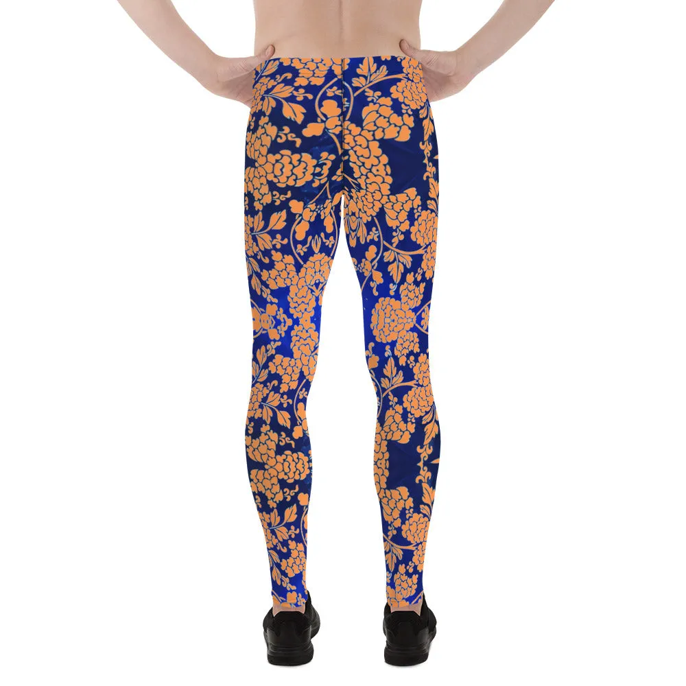 Orange Blue Floral Print Meggings, Best Blue and Orange Oriental Style Floral Print Meggings Compression Tights - Made in USA/EU/MX