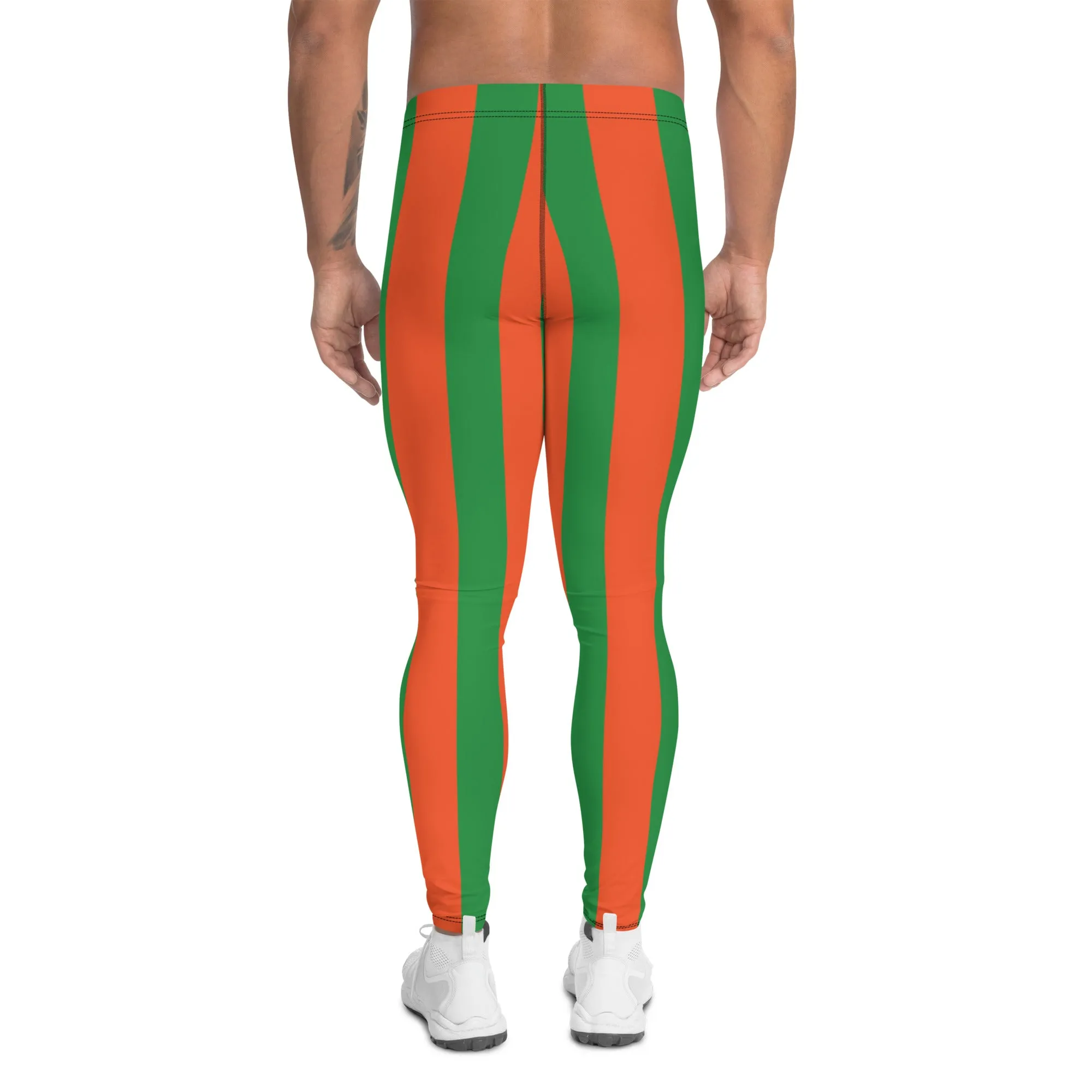 Orange Green Stripes Men's Leggings, Vertically Striped Meggings Running Tights-Made in USA/EU/MX