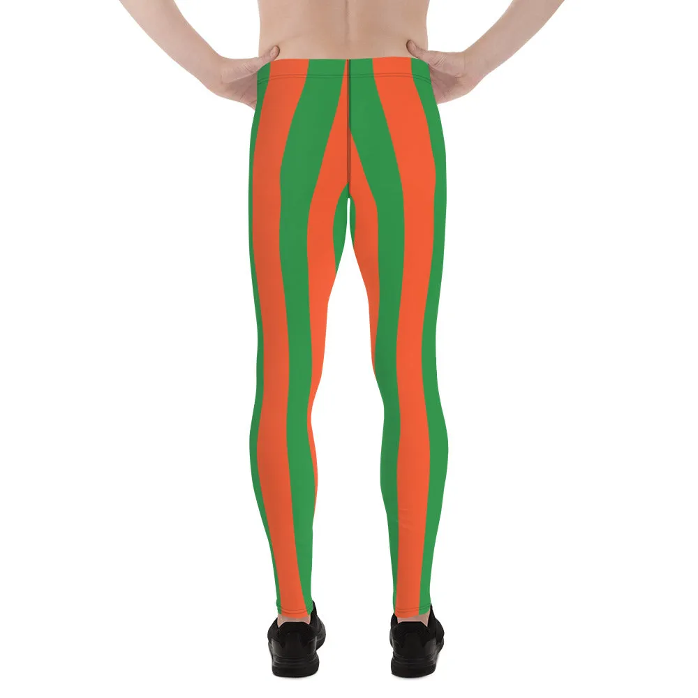 Orange Green Stripes Men's Leggings, Vertically Striped Meggings Running Tights-Made in USA/EU/MX