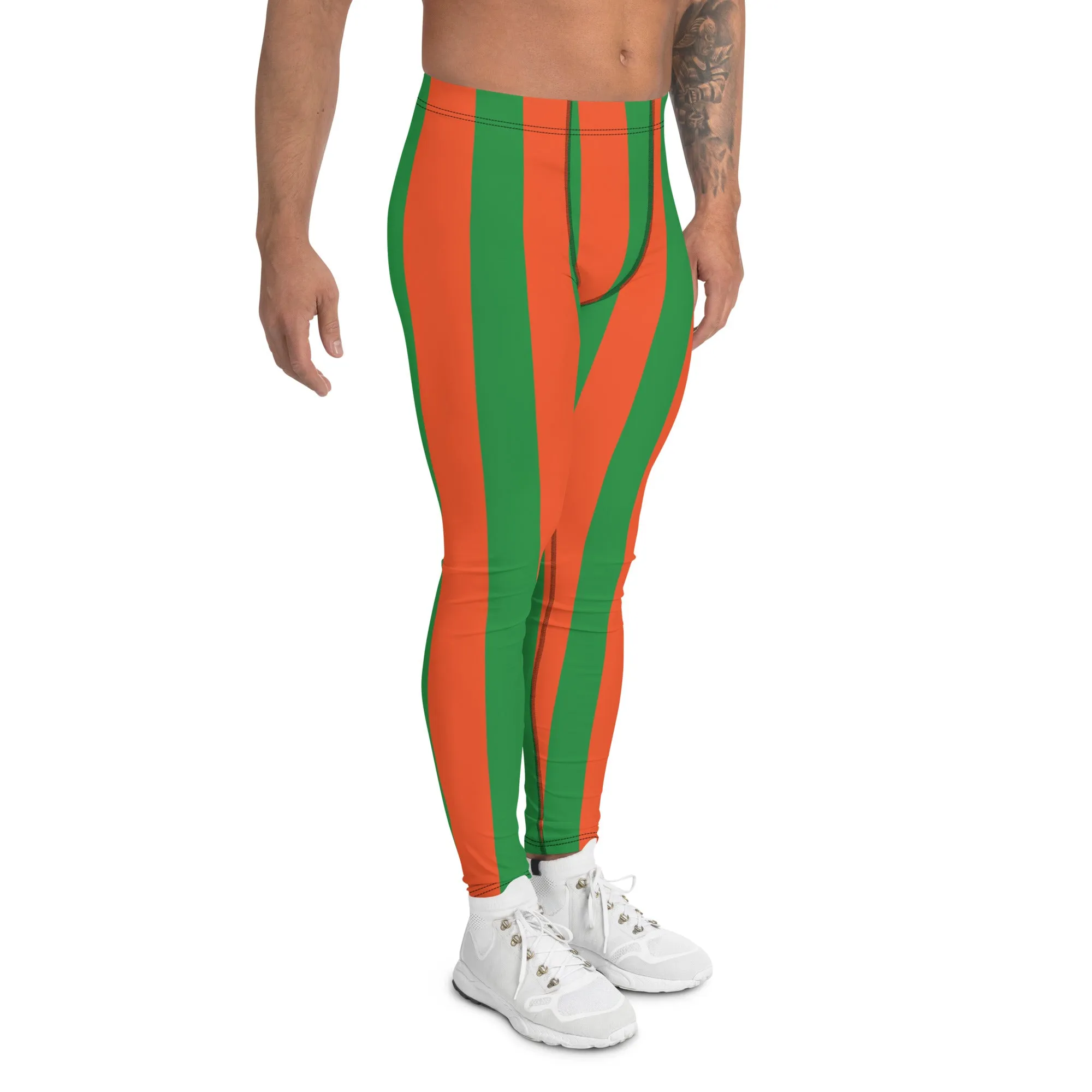 Orange Green Stripes Men's Leggings, Vertically Striped Meggings Running Tights-Made in USA/EU/MX