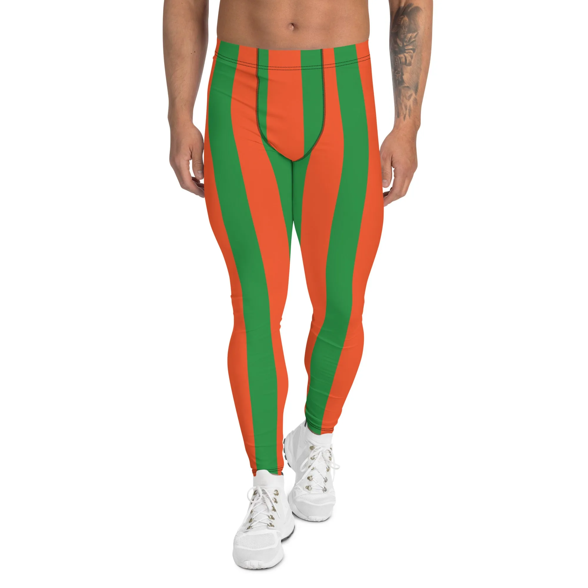 Orange Green Stripes Men's Leggings, Vertically Striped Meggings Running Tights-Made in USA/EU/MX