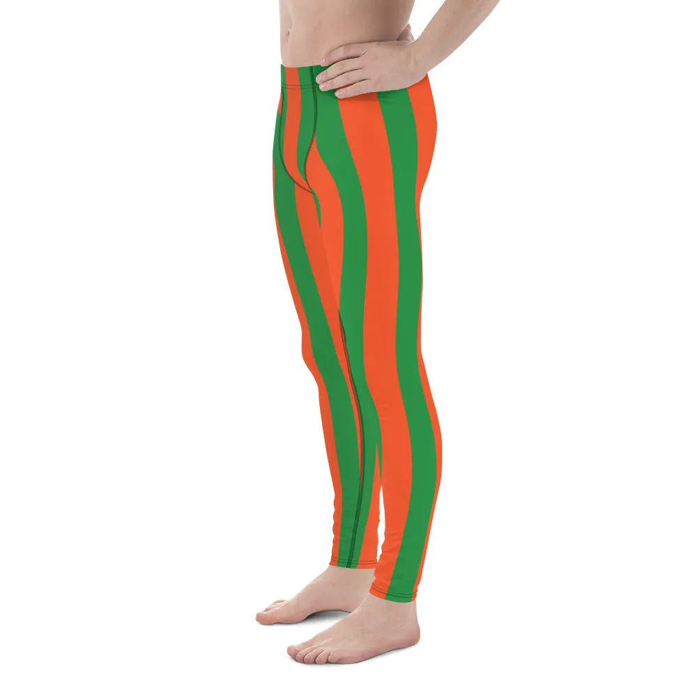 Orange Green Stripes Men's Leggings, Vertically Striped Meggings Running Tights-Made in USA/EU/MX