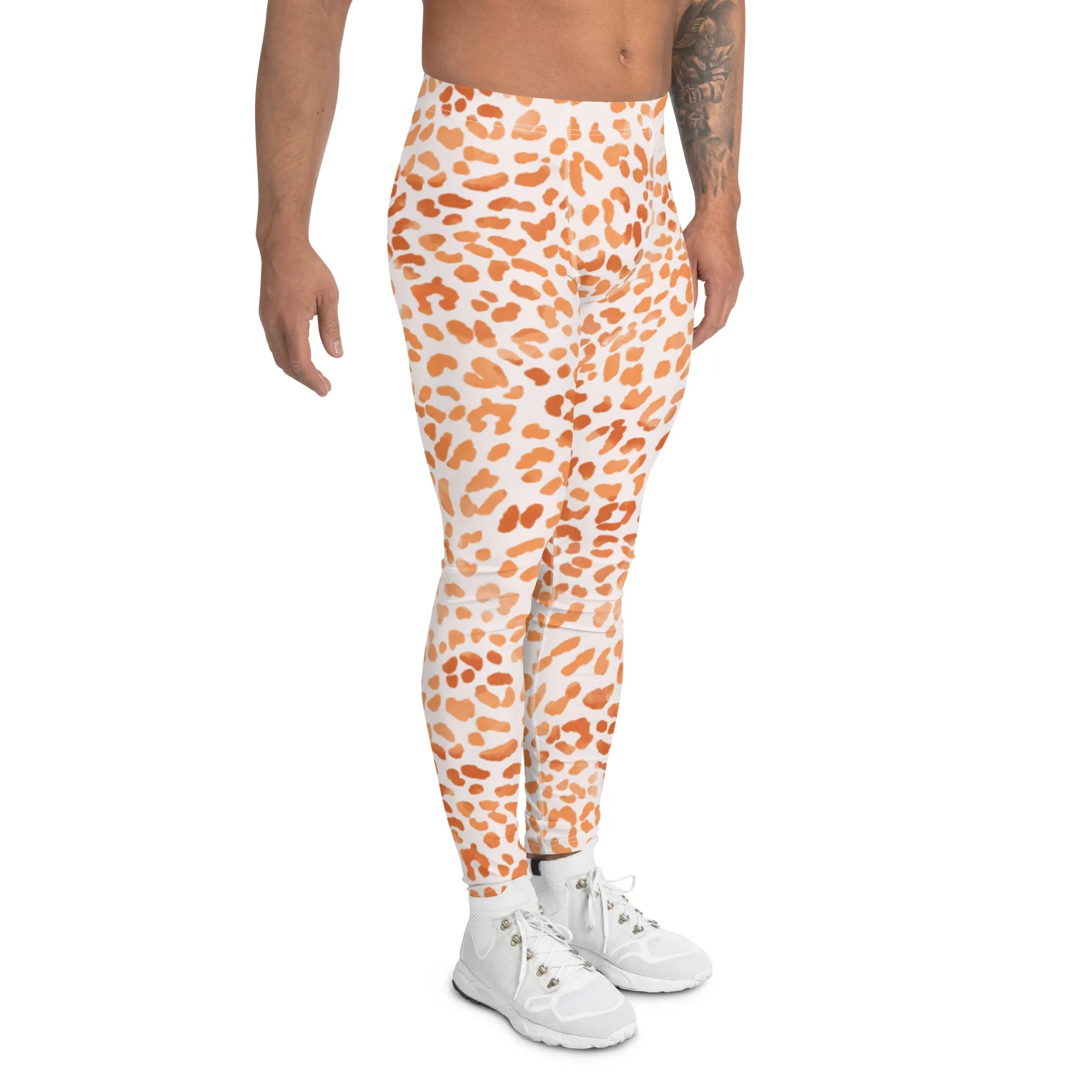 Orange Leopard Print Men's Leggings, Animal Leopard Print Best Designer Meggings Tights-Made in USA/EU/MX