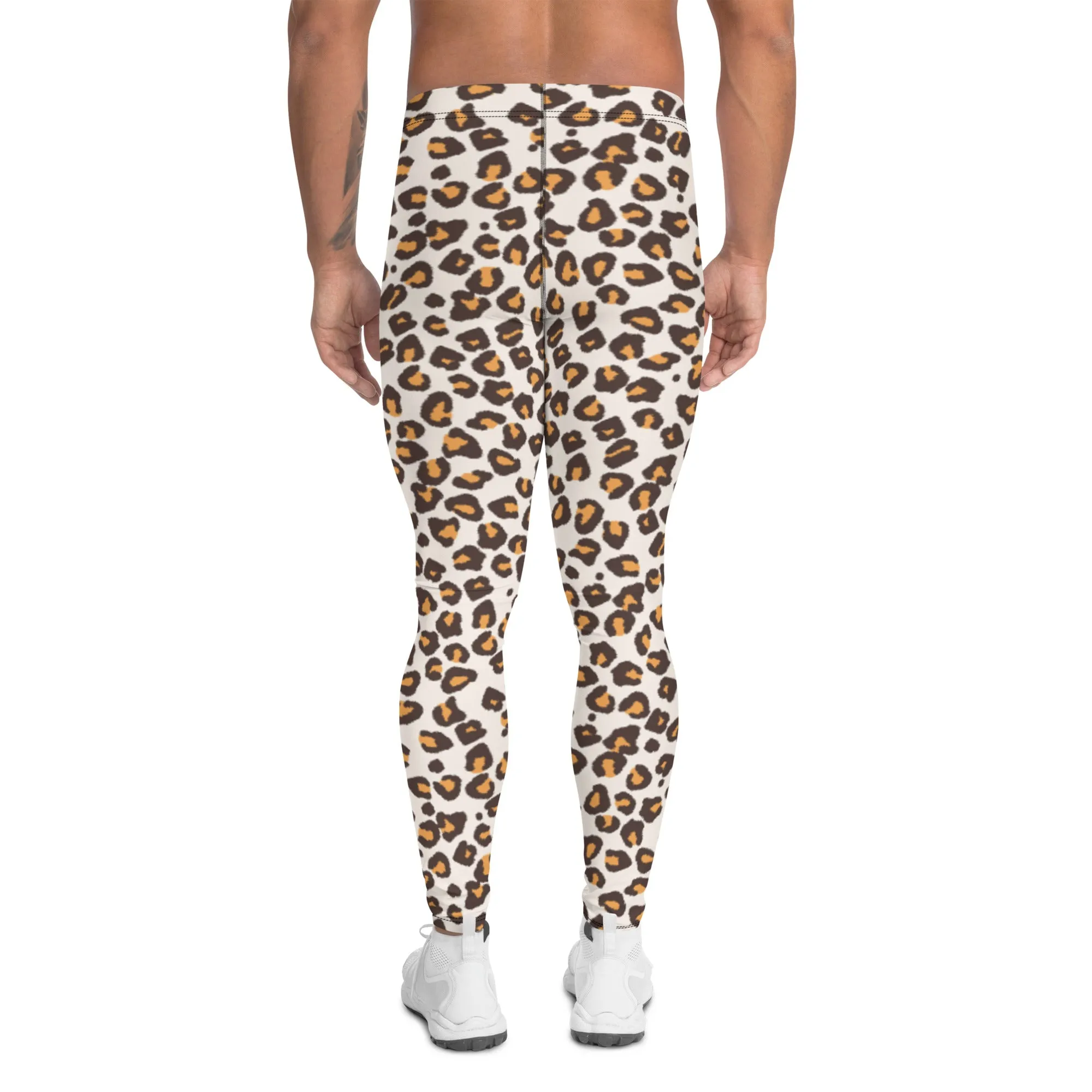 Orange Leopard Print Men's Leggings, Leopard Animal Print Best Premium Running Tights For Men - Made in USA/EU/MX