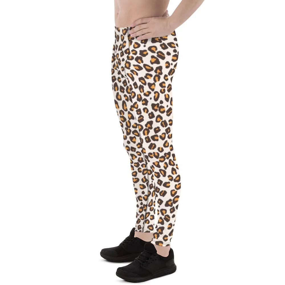 Orange Leopard Print Men's Leggings, Leopard Animal Print Best Premium Running Tights For Men - Made in USA/EU/MX