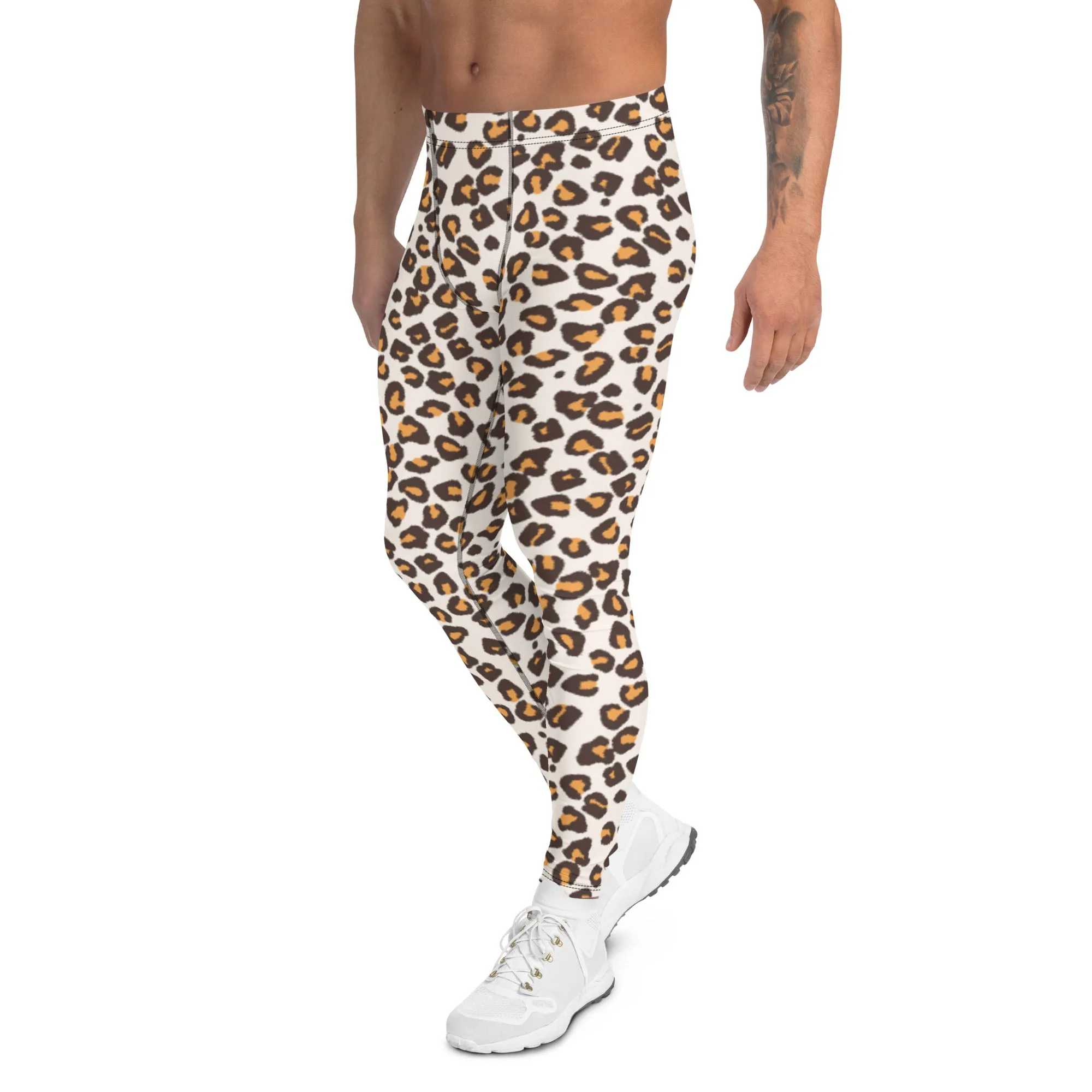 Orange Leopard Print Men's Leggings, Leopard Animal Print Best Premium Running Tights For Men - Made in USA/EU/MX