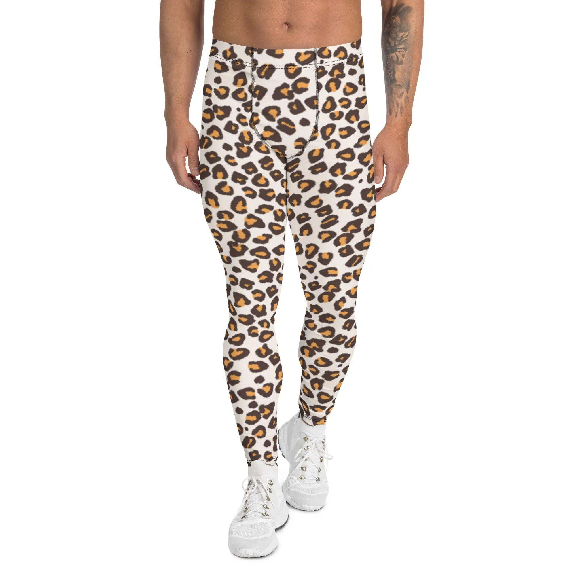 Orange Leopard Print Men's Leggings, Leopard Animal Print Best Premium Running Tights For Men - Made in USA/EU/MX