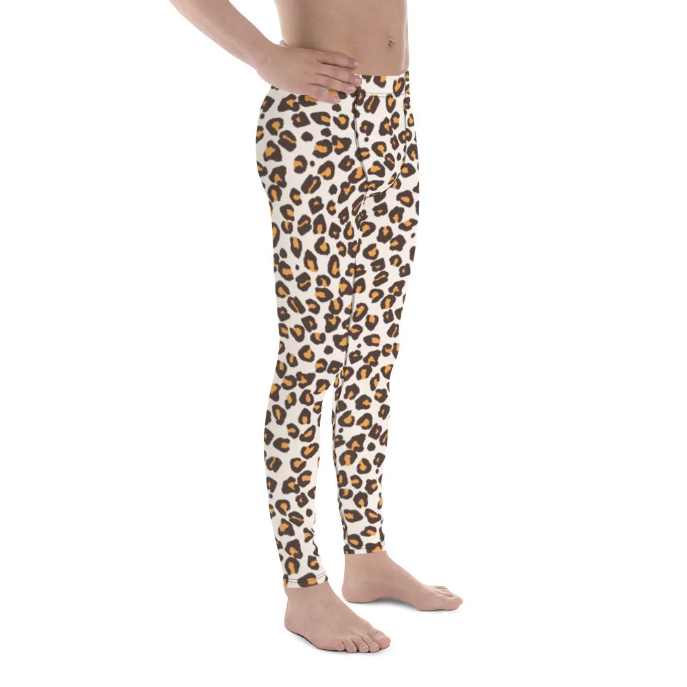 Orange Leopard Print Men's Leggings, Leopard Animal Print Best Premium Running Tights For Men - Made in USA/EU/MX