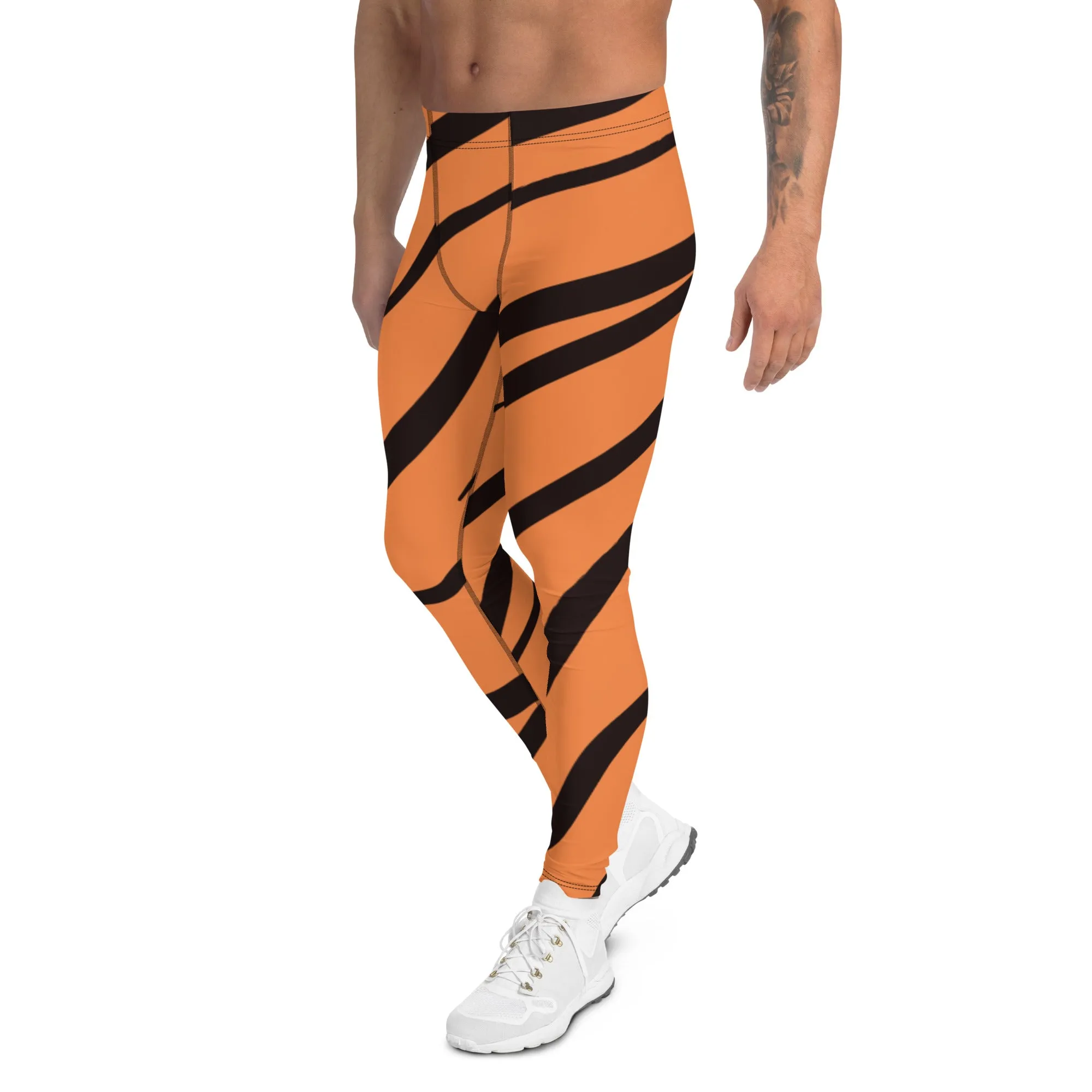 Orange Tiger Stripes Men's Leggings, Animal Print Designer Colorful Meggings - Made in USA/EU/MX