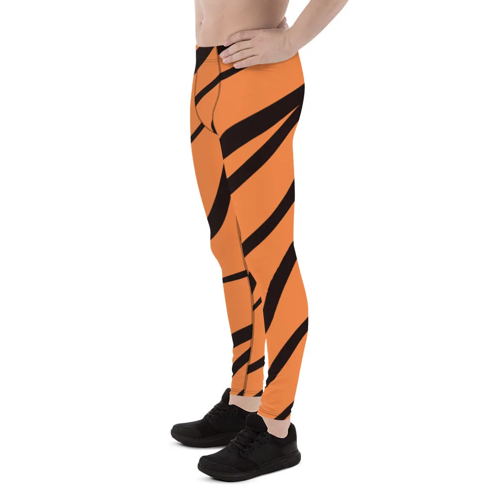 Orange Tiger Stripes Men's Leggings, Animal Print Designer Colorful Meggings - Made in USA/EU/MX