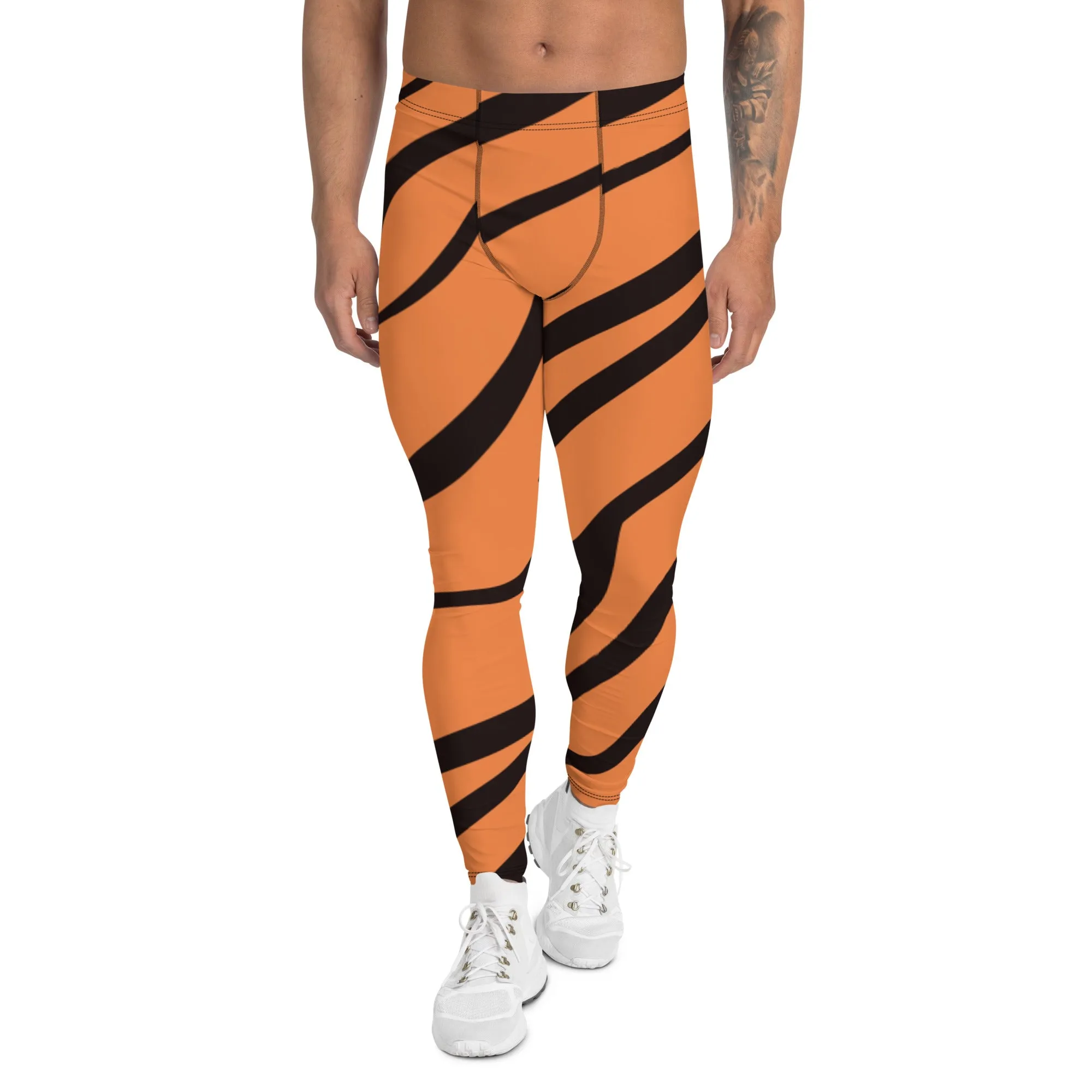 Orange Tiger Stripes Men's Leggings, Animal Print Designer Colorful Meggings - Made in USA/EU/MX