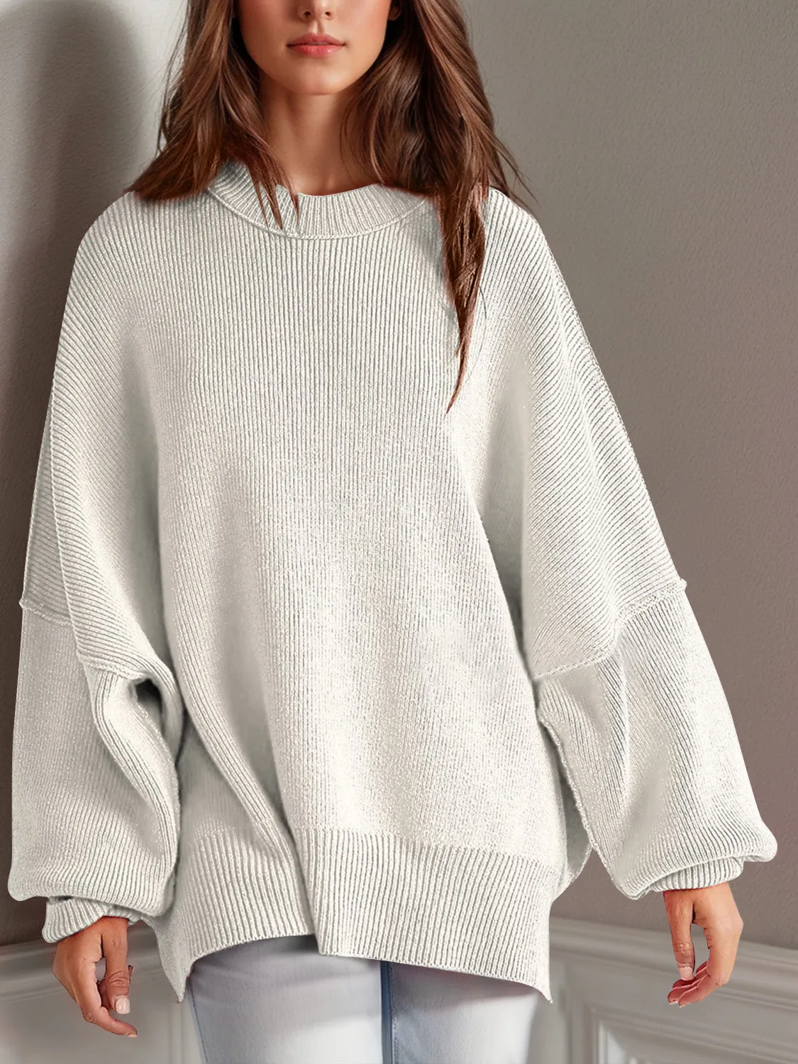 Oversized Side Slit Round Neck Long Sleeve Sweater