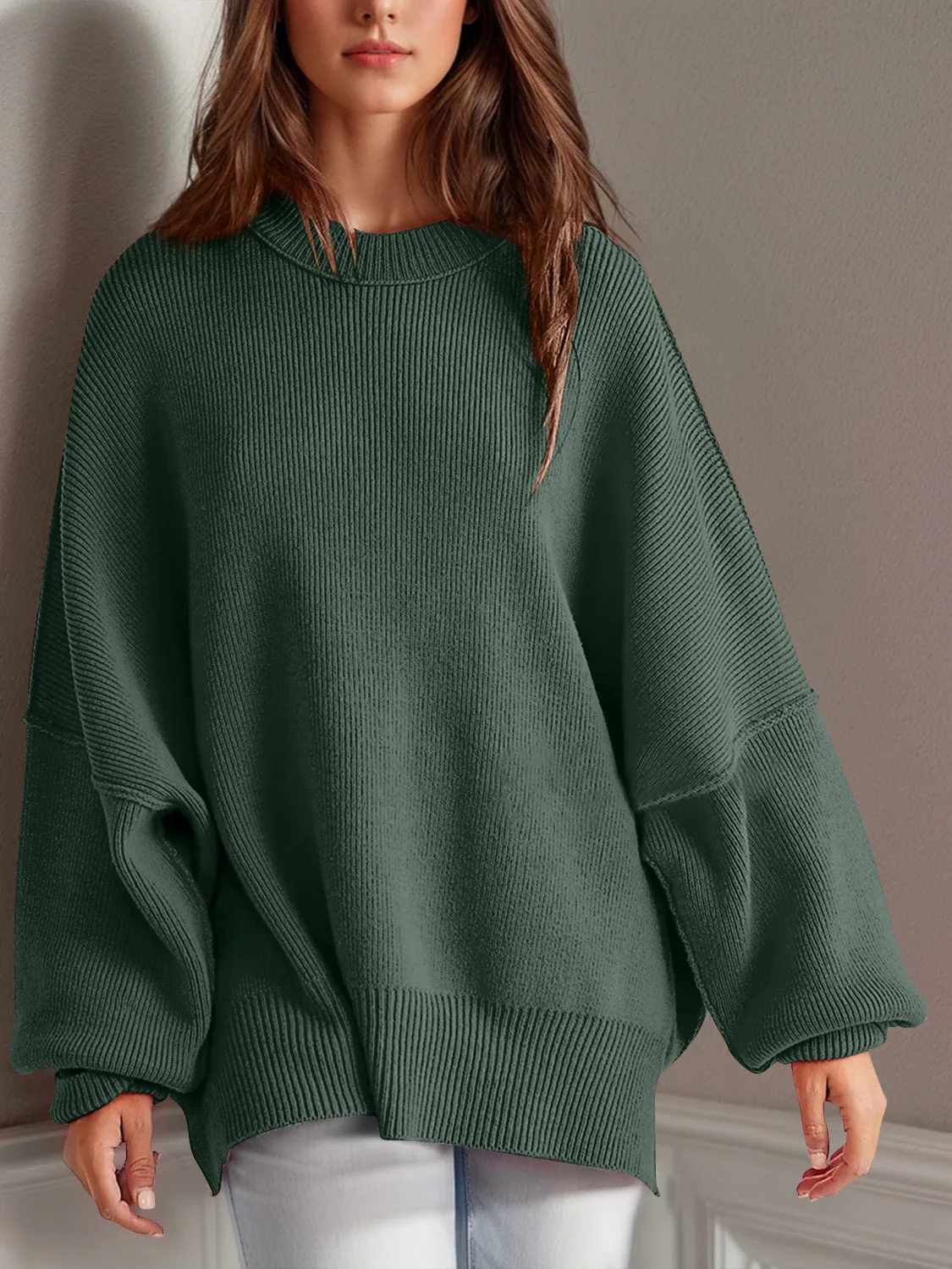 Oversized Side Slit Round Neck Long Sleeve Sweater