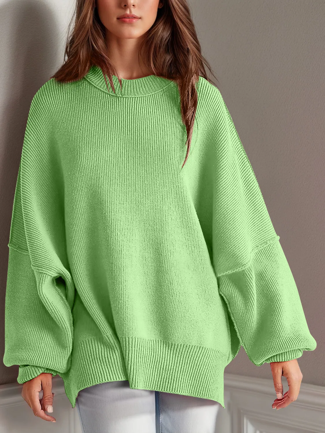 Oversized Side Slit Round Neck Long Sleeve Sweater