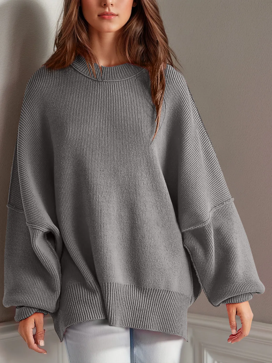 Oversized Side Slit Round Neck Long Sleeve Sweater