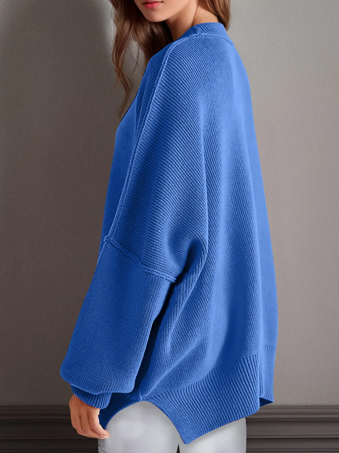 Oversized Side Slit Round Neck Long Sleeve Sweater