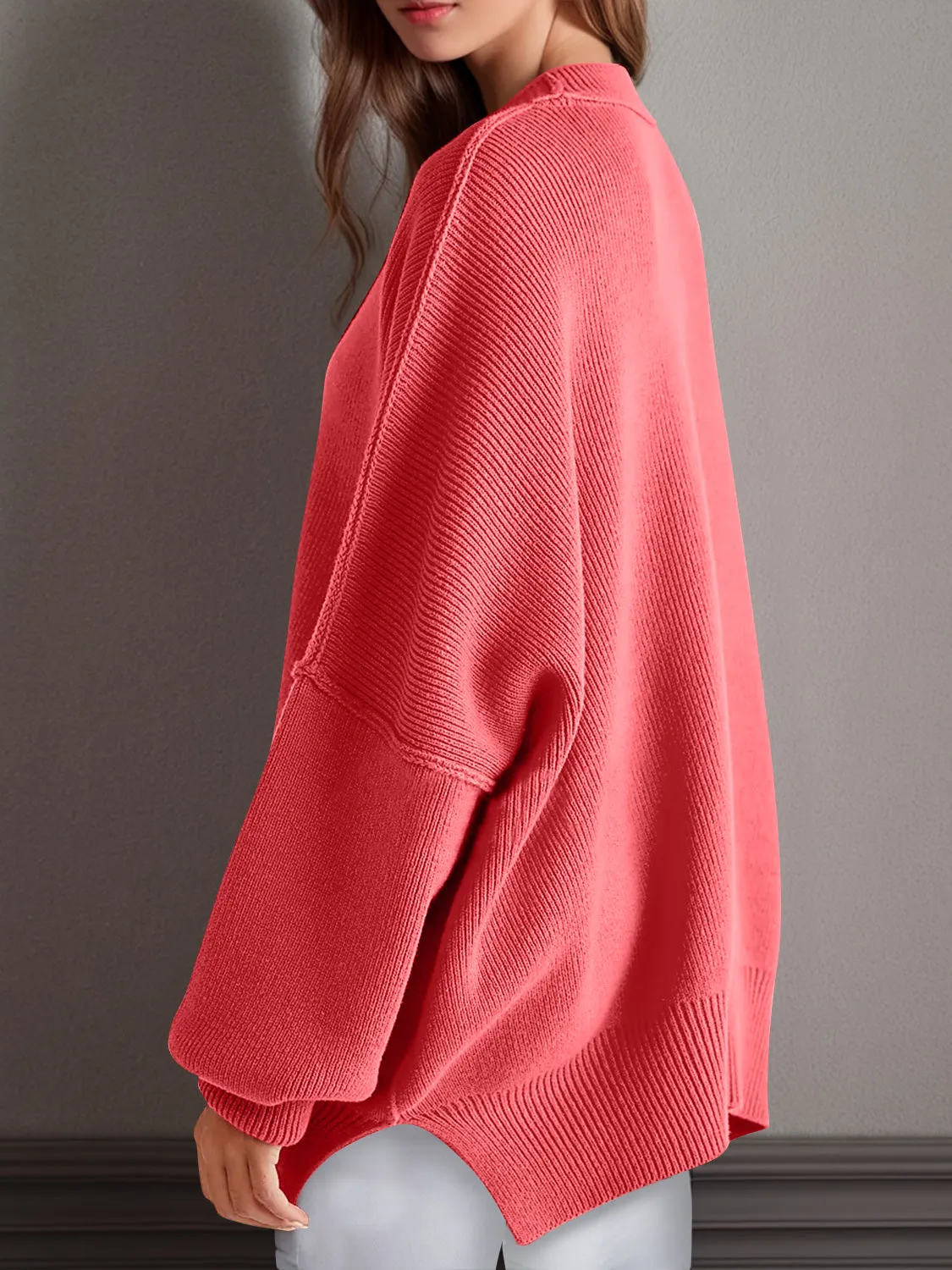 Oversized Side Slit Round Neck Long Sleeve Sweater