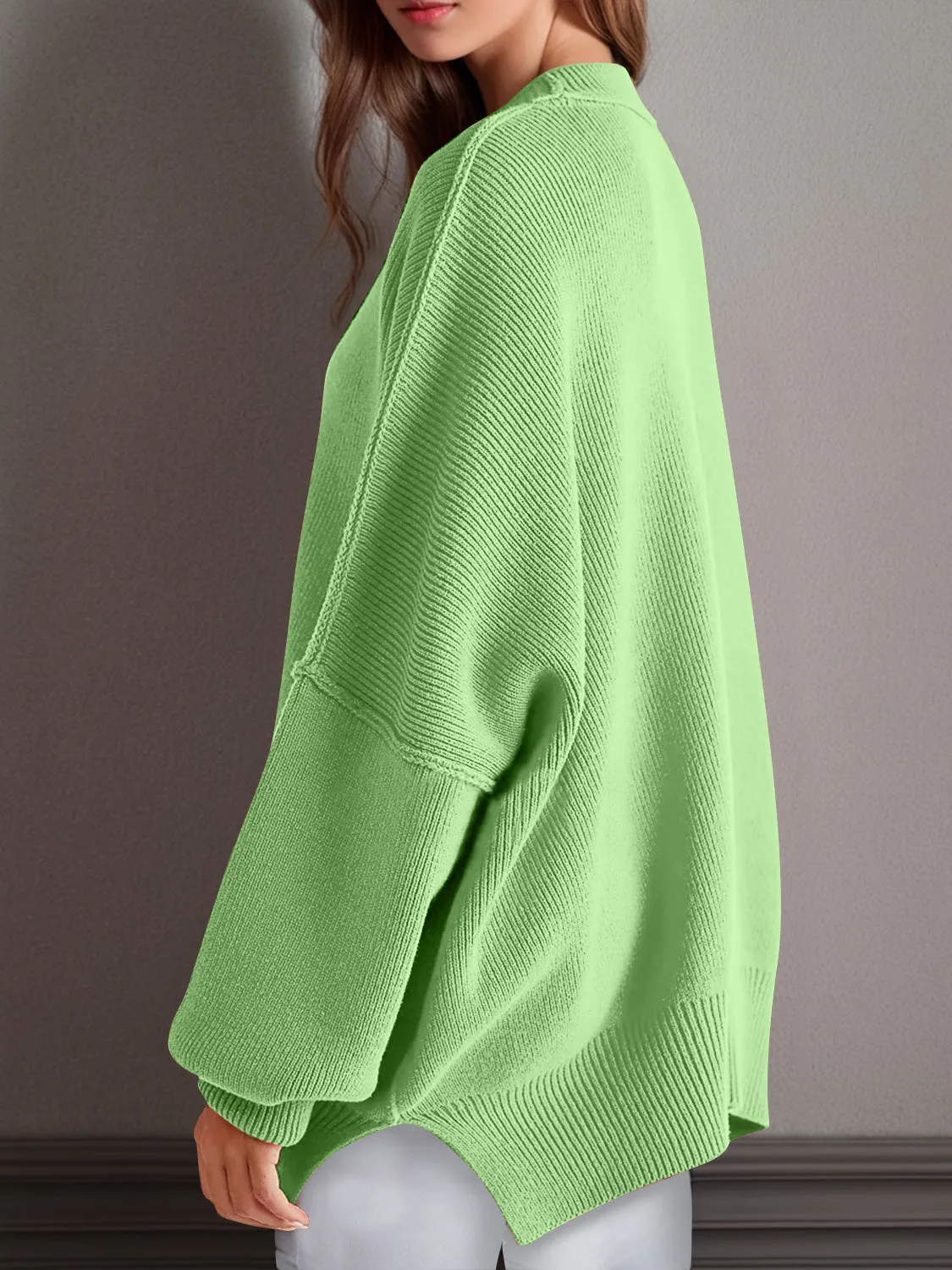 Oversized Side Slit Round Neck Long Sleeve Sweater