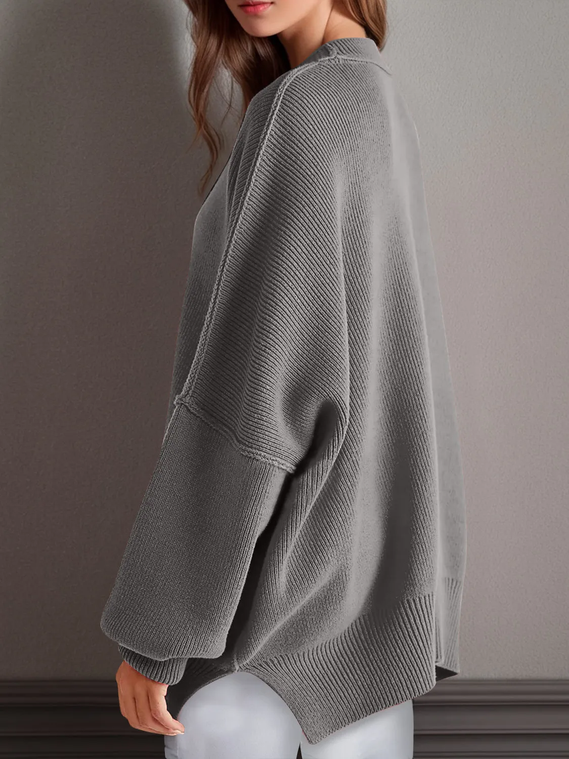 Oversized Side Slit Round Neck Long Sleeve Sweater