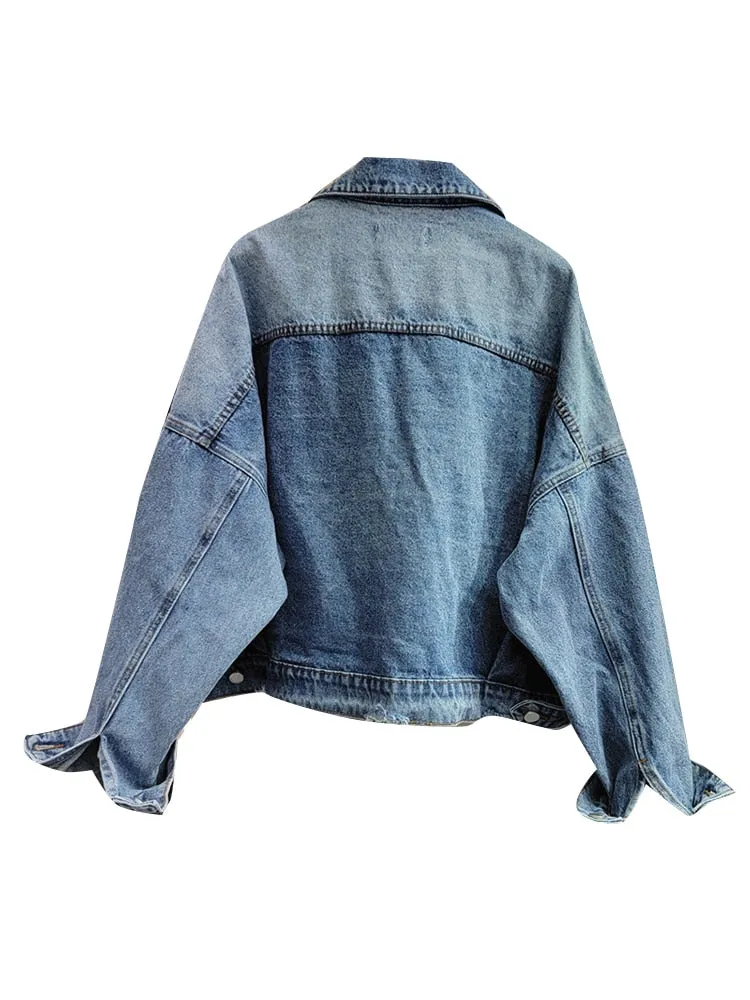 Patchwork Bead Temperament Denim Jackets For Women Lapel Long Sleeve Loose Vintage Designer Jacket Female Fashion