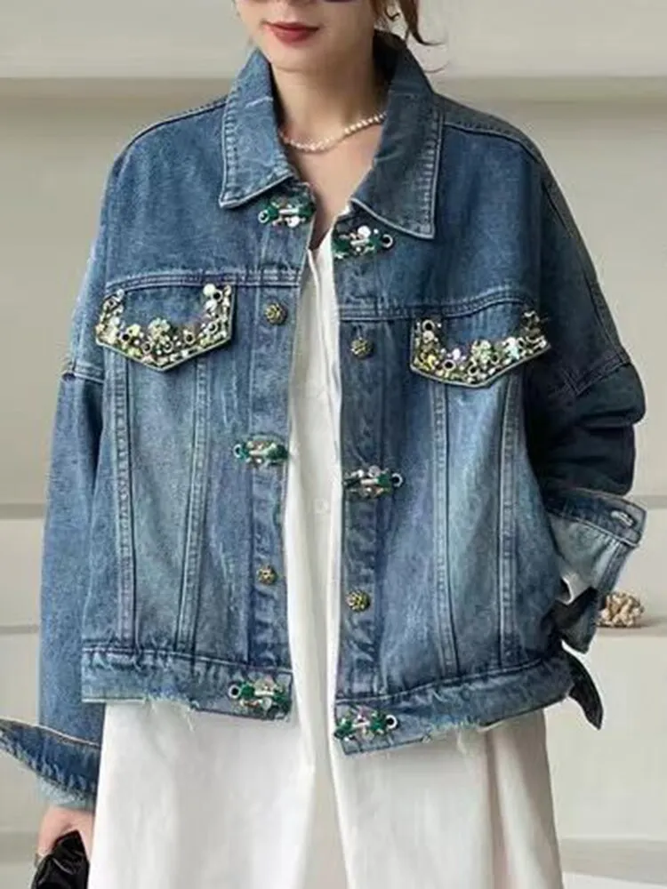 Patchwork Bead Temperament Denim Jackets For Women Lapel Long Sleeve Loose Vintage Designer Jacket Female Fashion